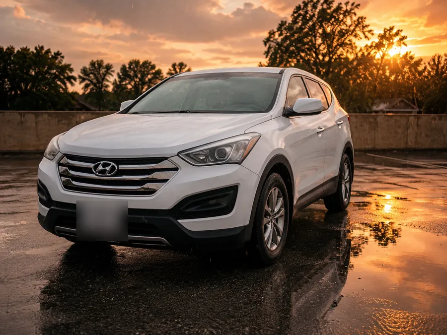 Freedom Rentals’ white Hyundai SUV on a wet lot at sunset